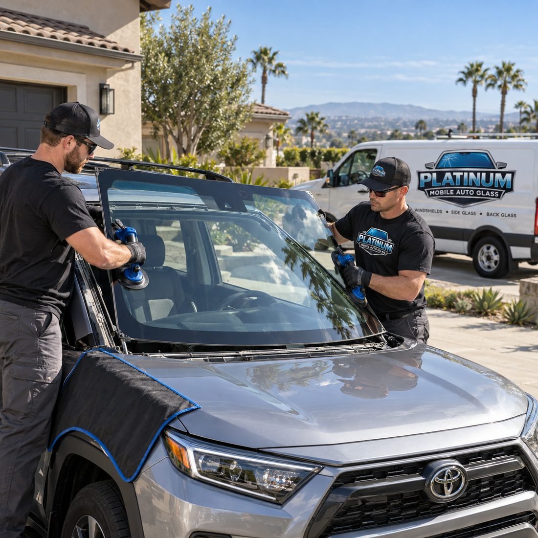 Two Platinum Mobile Auto Glass technicians setting a replacement windshield into an SUV on a residential driveway, with a branded service van parked behind.