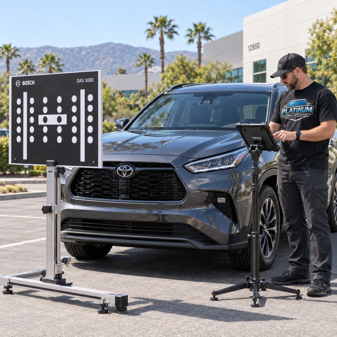 A Platinum Mobile Auto Glass technician calibrating a Toyota SUV's driver-assistance camera with a Bosch DAS 3000 target stand in a sunny parking lot lined with palm trees.