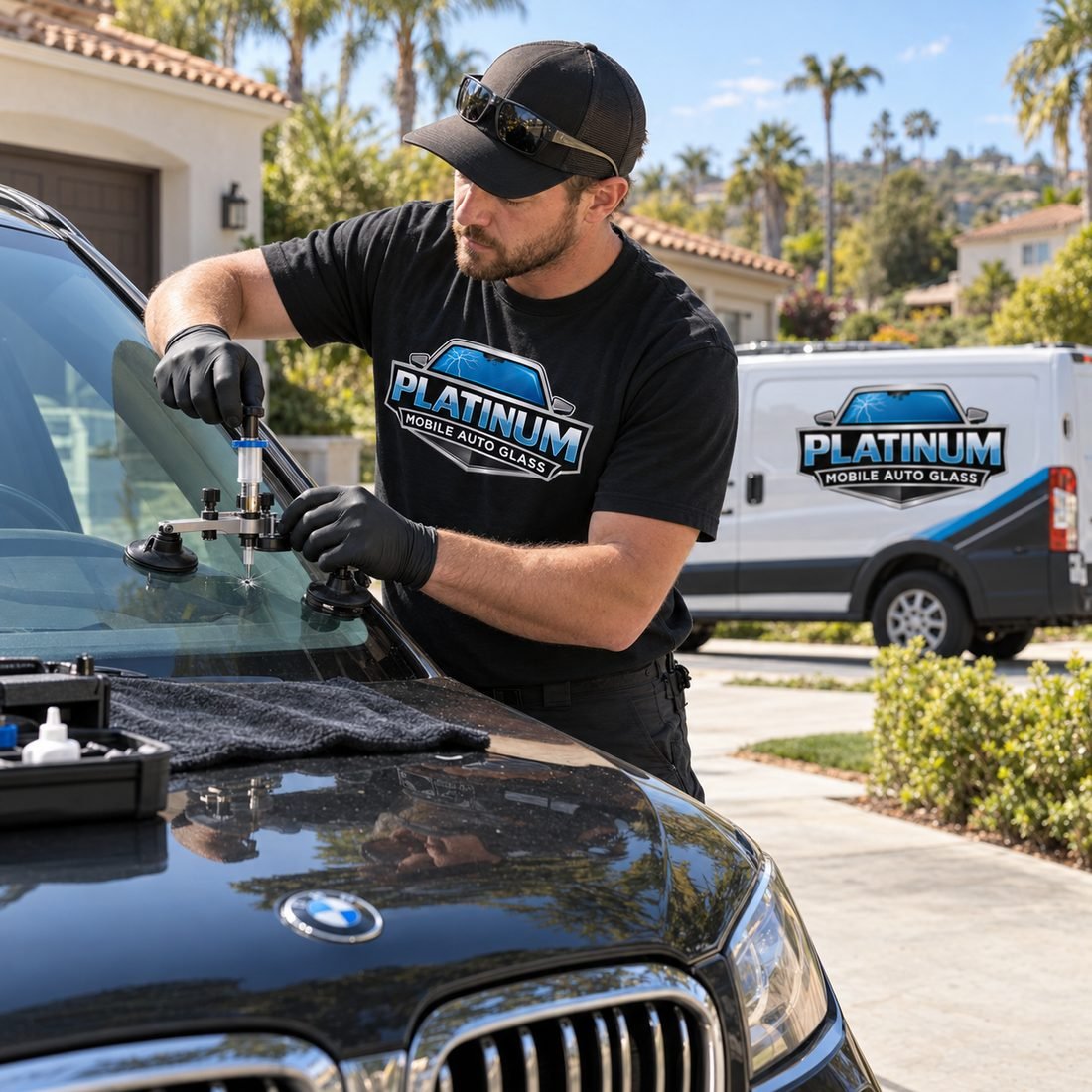 A Platinum Mobile Auto Glass technician using a suction setting tool on a sedan windshield in a driveway, with the service van behind.